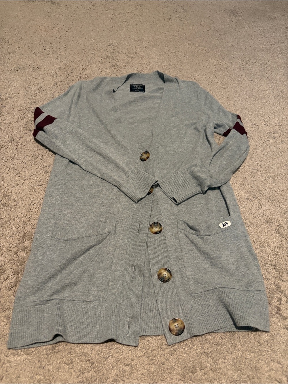 Abercrombie & Fitch Light Gray Cardigan with Maroon Elbow Patches